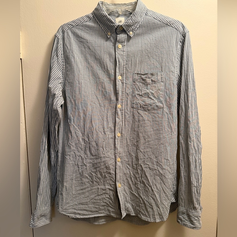 H&M L.O.G.G. Vintage Vertical Striped Button Down Shirt | Green/White | Small